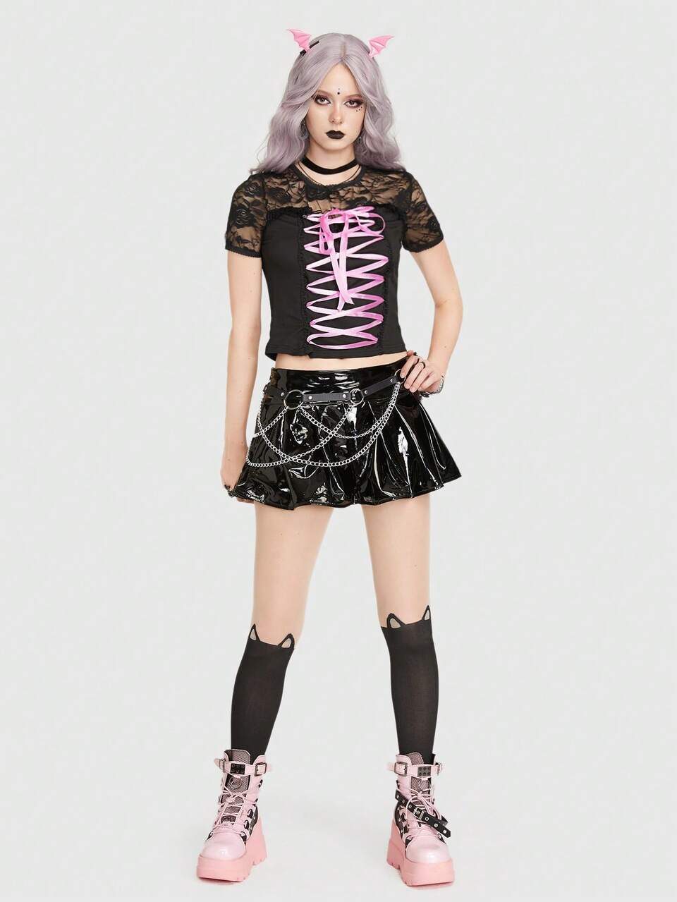 Lace Up Front Contrast Lace Crop Top