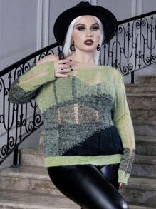 Flirla Plus Halloween Colorblock Asymmetrical Neck Buckle Strap Detail Sweater Knit Pullover Fall Winter Sweater - Multicolor - View 5