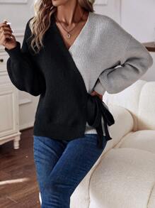 SHEIN LUNE Two Tone Drop Shoulder Knot Side Wrap Cardigan - Multicolor - View 3