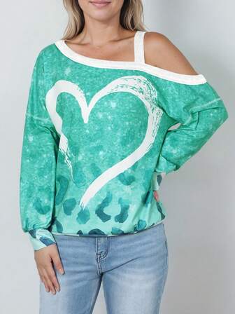 Heart Print Asymmetrical Neck Drop Shoulder Sweatshirt