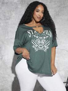 SHEIN CURVE+ 大碼老虎和字母圖案落肩T恤 - 墨綠色 - 查看 4