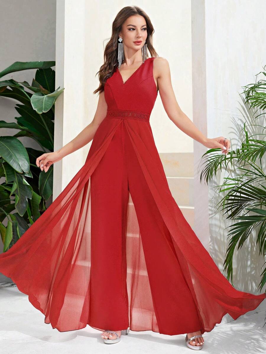 Double Crazy Contrast Lace Chiffon Maxi Overlay Jumpsuit Formal Dresses For Women - Red - View 1