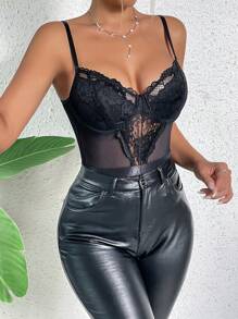 Allurite Contrast Lace Mesh Cami Bodysuit - Black - View 6