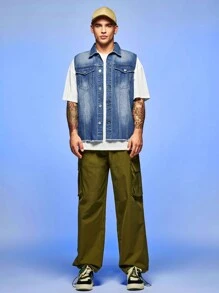 Manfinity Hypemode Men 1pc Flap Pocket Denim Vest Jacket - Medium Wash - View 1