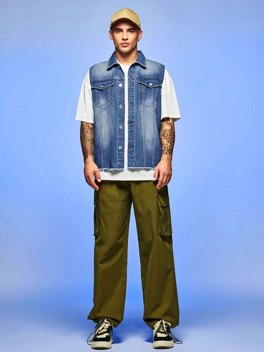 Manfinity Hypemode Men 1pc Flap Pocket Denim Vest Jacket - Medium Wash - View 1