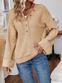 EMERY ROSE Half Button Drop Shoulder Sweater Knit Pullover Fall Winter Outfit - Khaki - View 6