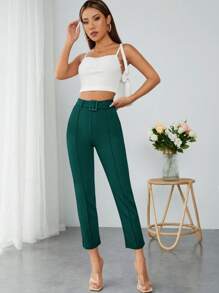 SHEIN PETITE Solid Seam Front Belted Pants - Dark Green - View 5