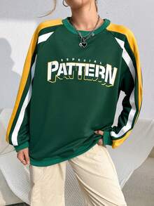 SHEIN Unity Đồ họa Chữ cái Tương phản Đường may bên Tay Raglan Áo nỉ - Nhiều màu - Xem 5