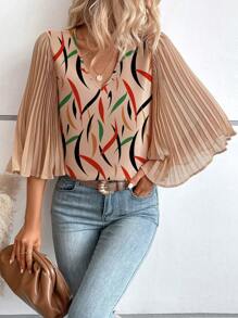 SHEIN Clasi Graphic Print Pleated Trumpet Sleeve Blouse - Apricot - View 3