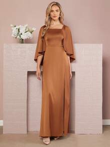 SHEIN Belle Formelles Kleid mit eckigem Ausschnitt, Cape Ärmeln, Schlitz, Satin