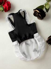 ROMWE Pháp Vintage Xa ten & Ren Đen Và Trắng Trang phục cho thú cưng - Đen và trắng - Xem 5