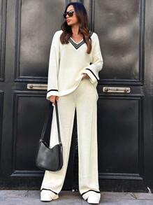 SHEIN Cottnline Striped Trim Drop Shoulder Sweater & Knit Pants - White - View 5