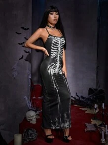 SHEIN ICON Halloween Skeleton Print Cami Dress - Black and White - View 10