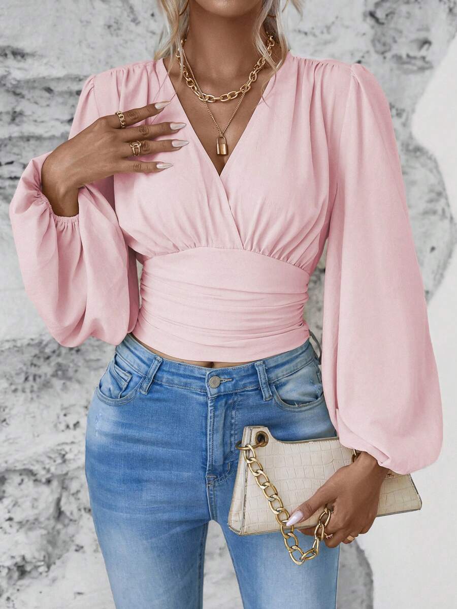 EMERY ROSE Women's Solid Color Overlap V-Neck Lantern Sleeve Pleated Fashion Blouse - Pink - View 1