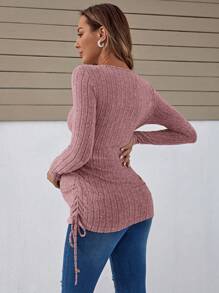 SHEIN Áo thun Bà bầu Xù Gân đan Dây kéo màu trơn Giải trí - Bụi hồng - Xem 2