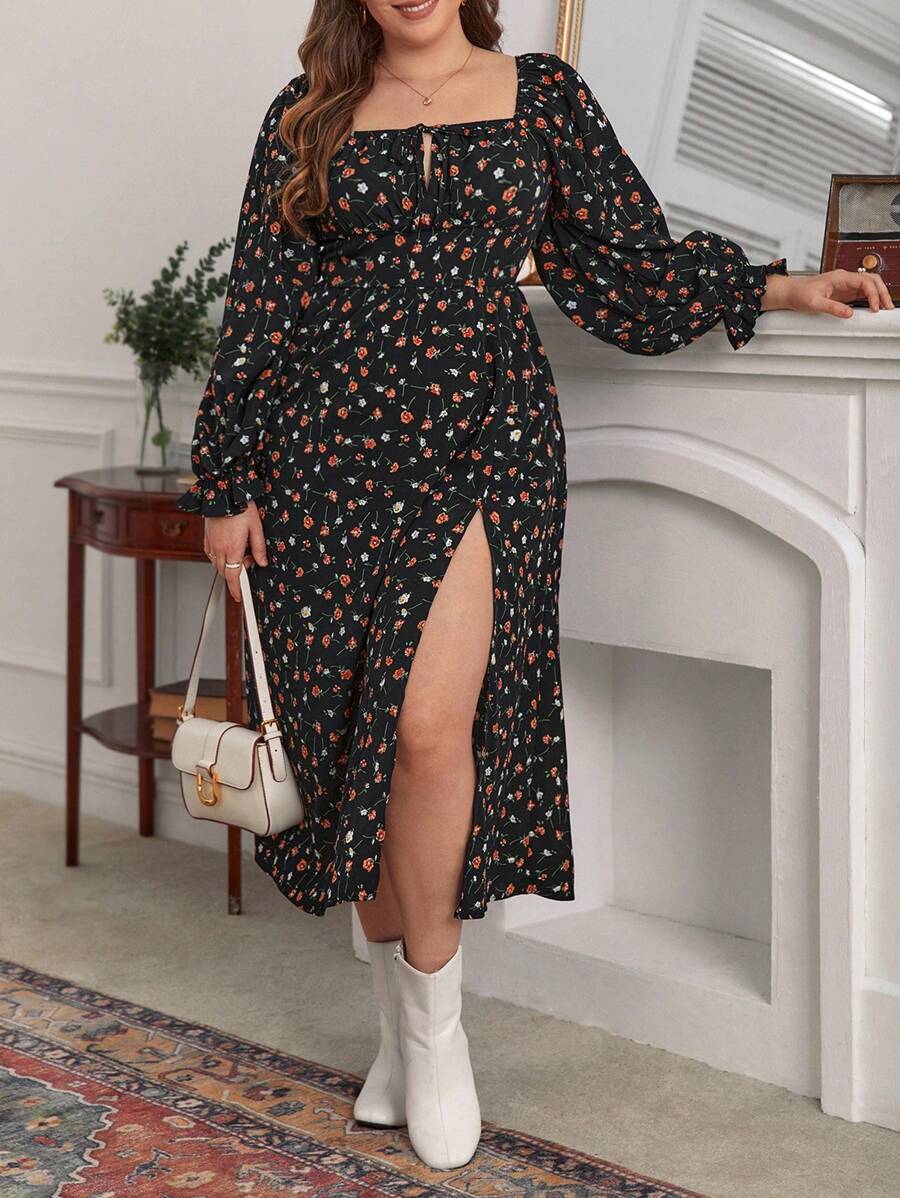 SHEIN Frenchy Plus Đầm dài hở đùi buộc nơ họa tiết hoa nhỏ xinh Đầm dài mùa hè - Nhiều màu - Xem 1