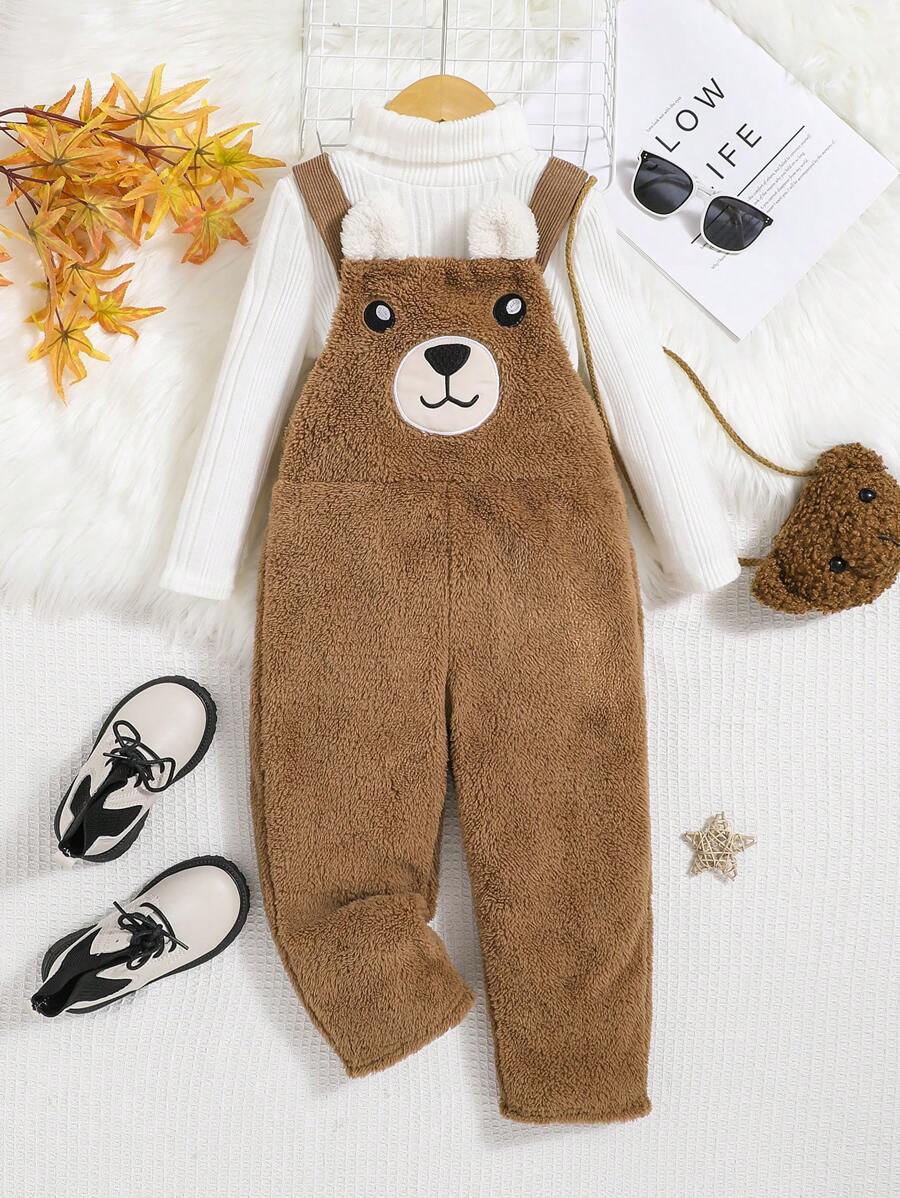 SHEIN 女小童卡通刺繡3D耳朵設計絨毛背帶連身褲不帶T恤 - 棕色 - 查看 1