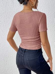 SHEIN Frenchy Square Neck Ruched Side Tee Pink Summer Casual - Dusty Pink - View 2