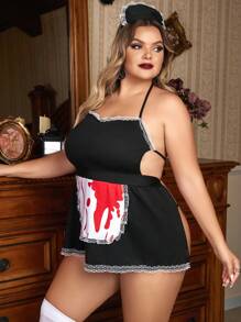 Plus Halloween Contrast Lace Halter Dress With Thong & Hairhoop - Black and White - View 4