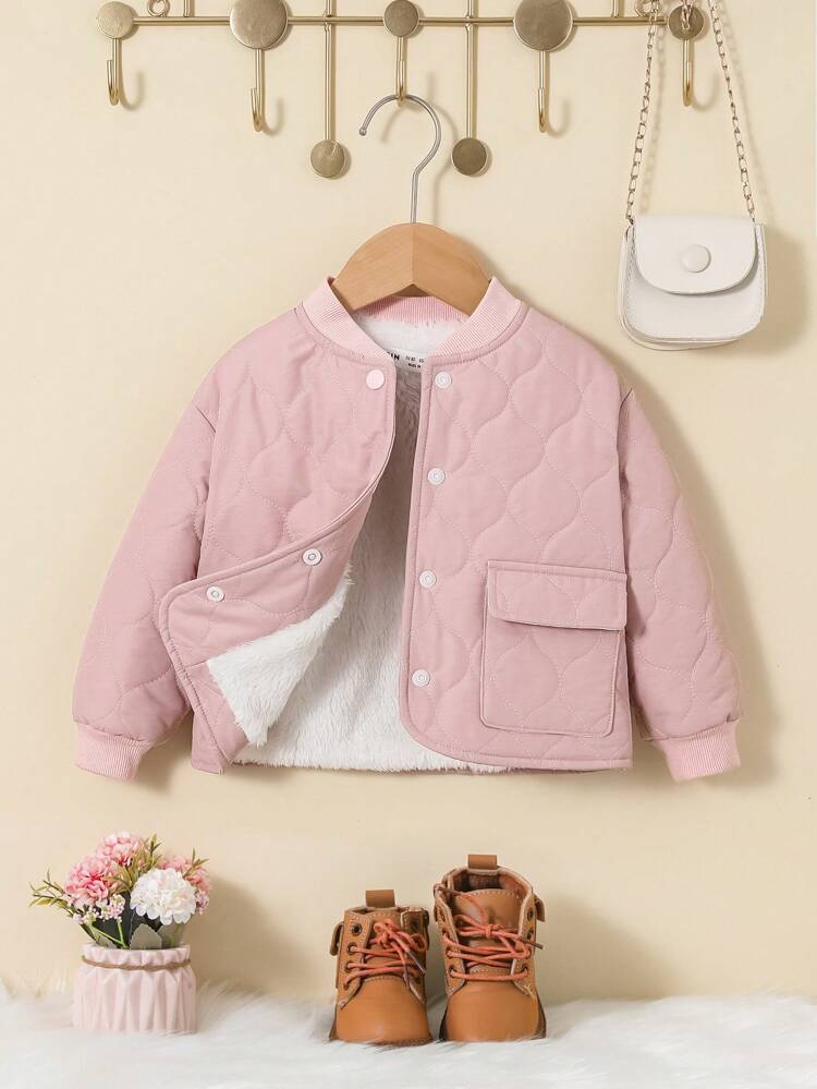 Baby Girl Flap Pocket Teddy Lined Button Front Quilted Coat
