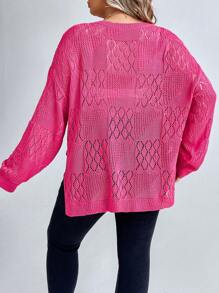 SHEIN LUNE Plus Pointelle Knit Drop Shoulder Split Hem Sweater Without Bra Knit Pullover Fall Winter Sweater - Hot Pink - View 2