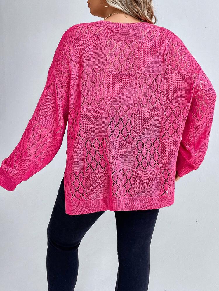 Plus Pointelle Knit Drop Shoulder Split Hem Sweater Without Bra Knit Pullover Fall Winter Sweater