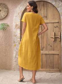 EMERY ROSE Button Detail Hidden Pocket Asymmetrical Hem Dress - Mustard Yellow - View 2