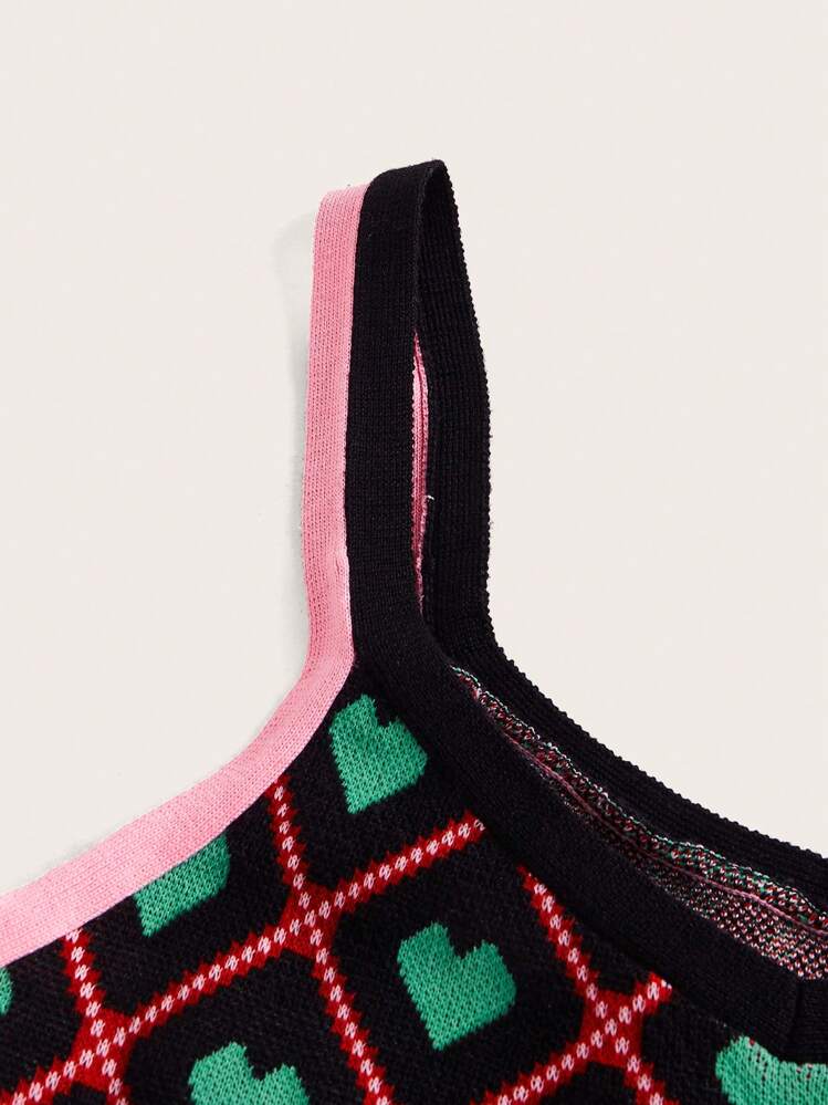 SHEIN Qutie הדפס לב ומשובץ טופ סרוג קצר - ריבוי צבעים - ראה 3