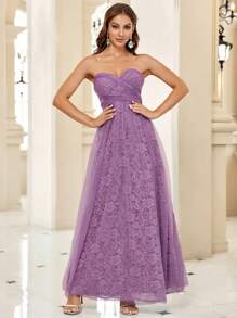 SHEIN Belle Contrast Lace Mesh Tube Formal Dress - Purple - View 5