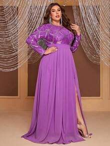 YISIKADO 優雅亮片拼接 高衩純色加大洋裝 - 紫色 - 查看 3