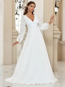 SHEIN Belle Mesh Insert Lantern Sleeve Floor Length Wedding Dress White Elegant Long Sleeve Bridal Dress - White - View 3