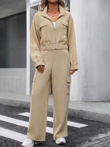 SHEIN Unity Túi có nắp Thả vai Áo khoác & Quần - Màu be - Xem 6