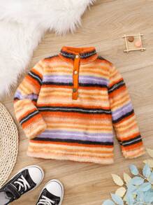 SHEIN Young Girl Striped Print Half Button Flannel Sweatshirt - Multicolor - View 1