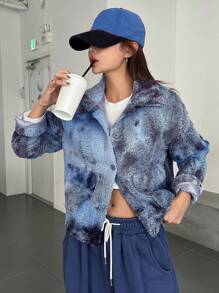 DAZY Tie Dye Drop Shoulder Zip Up Teddy Jacket - Blue - View 5