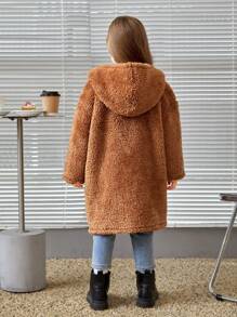SHEIN 女小童雙排釦連帽毛茸茸外套&包 - 棕色 - 查看 2