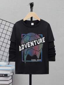 SHEIN 男大童字母圖案活躍T恤 - 黑色 - 查看 2