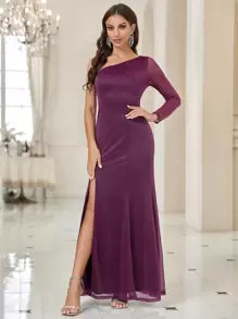 SHEIN Belle One Shoulder Split Thigh Solid Dress - Purple - View 3