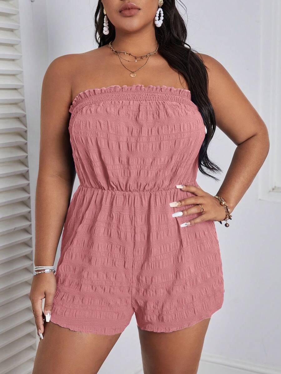 Dreamara Jumpsuits Plus Size viền lá sen Dải chun màu trơn Giải trí - Bụi hồng - Xem 1