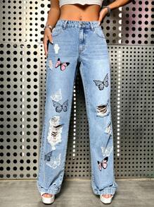 SHEIN ICON Butterfly Print Ripped Straight Leg Jeans - Medium Wash - View 1