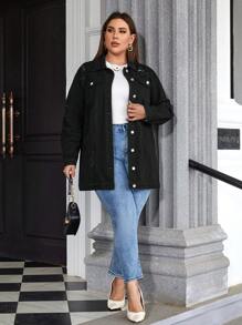 SHEIN Essnce Plus Flap Pocket Drop Shoulder Denim Coat - Black - View 4