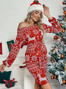 SHEIN Maternity Christmas Print Belted Bodycon Dress - Red - View 1