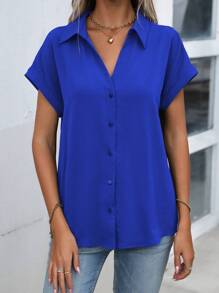 EMERY ROSE Solid Batwing Sleeve Button Front Shirt,Short Sleeve Tops - Blue - View 3