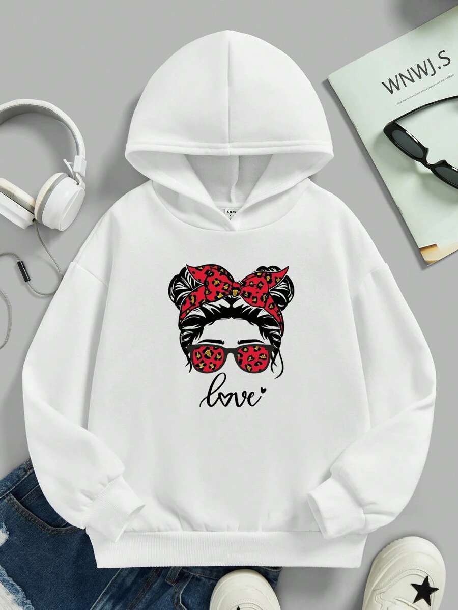 青少年女孩人物和字母圖案連帽衫 - 白色 - 查看 1