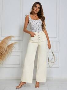 SHEIN LUNE Button Fly Wide Leg Jeans - Apricot - View 3