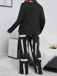 大碼筆刷圖案口袋貼布睡衣套裝 - 黑與白 - 查看 3