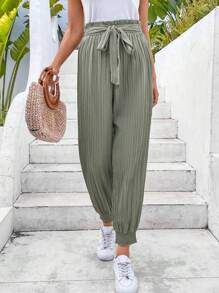 SHEIN Frenchy Paperbag Waist Belted Pants - Green - View 1