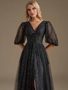 Lantern Sleeve Split Thigh Mesh Formal Dress - Black - View 5