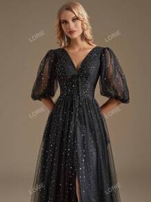 Lantern Sleeve Split Thigh Mesh Formal Dress