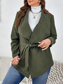SHEIN LUNE Plus Waterfall Collar Belted Coat - Army Green - View 4