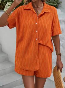 SHEIN VCAY Solid Drop Shoulder Shirt & Shorts - Orange - View 1